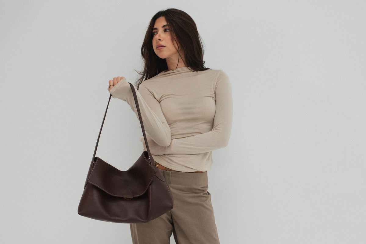 The Camille Bag — top-grain leather handbag, worn on the shoulder