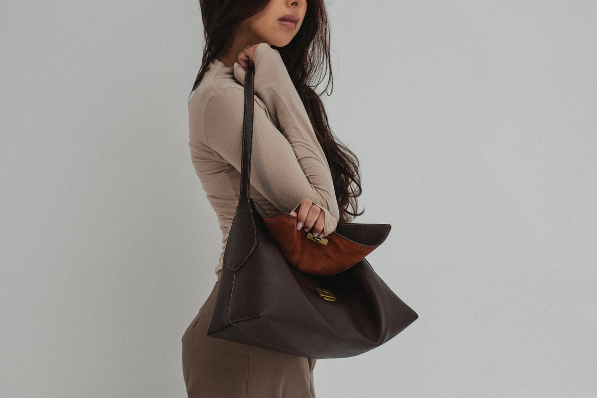 The Camille Bag — top-grain leather handbag, side detail